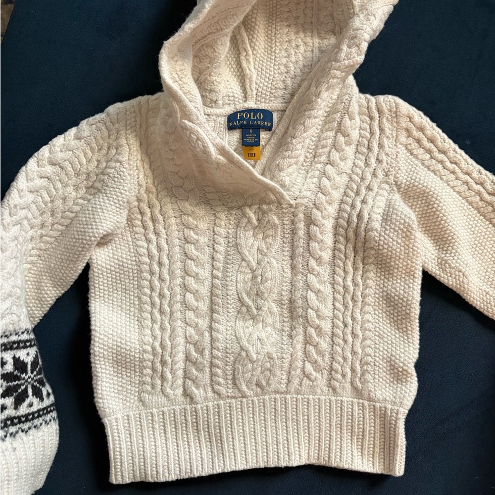 Polo by Ralph Lauren Cream Cable-Knit Hooded Sweater with Fair Isle Cuffs size 6 - Picture 3 of 4
